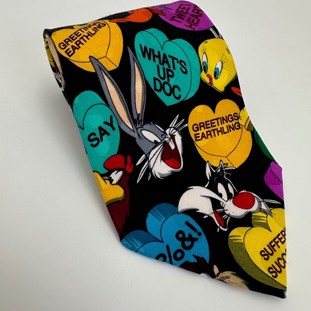 Looney Tunes Mania Necktie Black 1994 Vintage Silk Cartoon Hearts Bugs Bunny